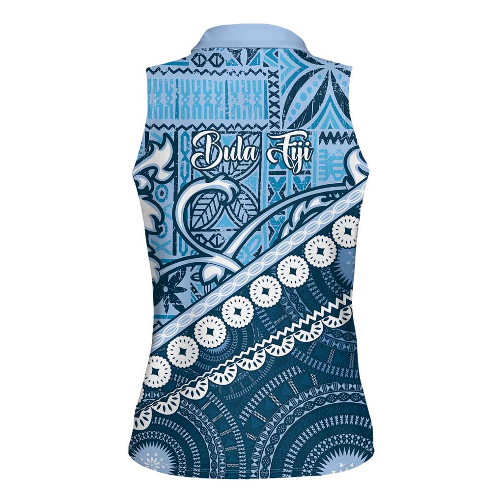 Blue Bula Fiji Women Sleeveless Polo Shirt Fijian Language Week Tapa Cloth - Pastel