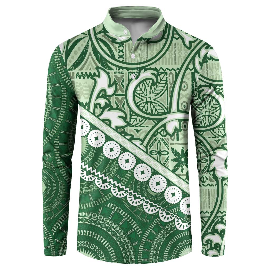 Green Bula Fiji Button Sweatshirt Fijian Language Week Tapa Cloth - Pastel LT14 Green - Polynesian Pride