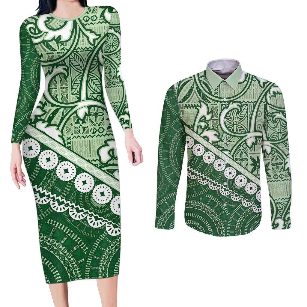 Green Bula Fiji Couples Matching Long Sleeve Bodycon Dress and Long Sleeve Button Shirt Fijian Language Week Tapa Cloth - Pastel LT14 Green - Polynesian Pride
