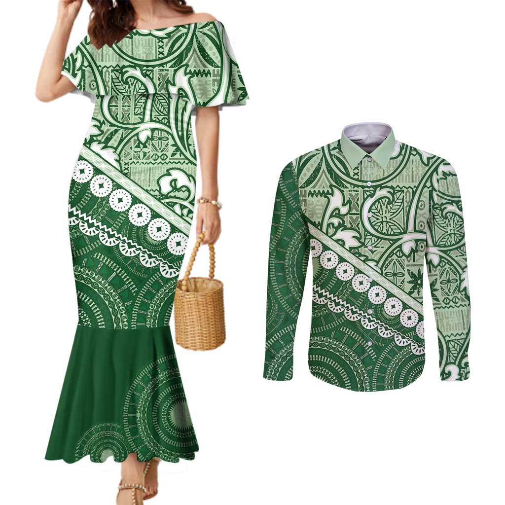 Green Bula Fiji Couples Matching Mermaid Dress and Long Sleeve Button Shirt Fijian Language Week Tapa Cloth - Pastel LT14 Green - Polynesian Pride