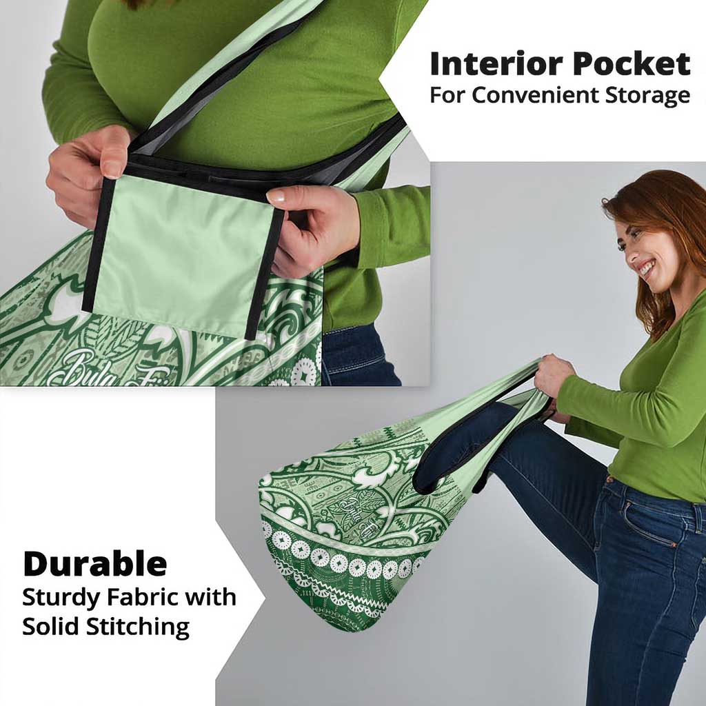 Green Bula Fiji Grocery Bag Fijian Language Week Tapa Cloth - Pastel