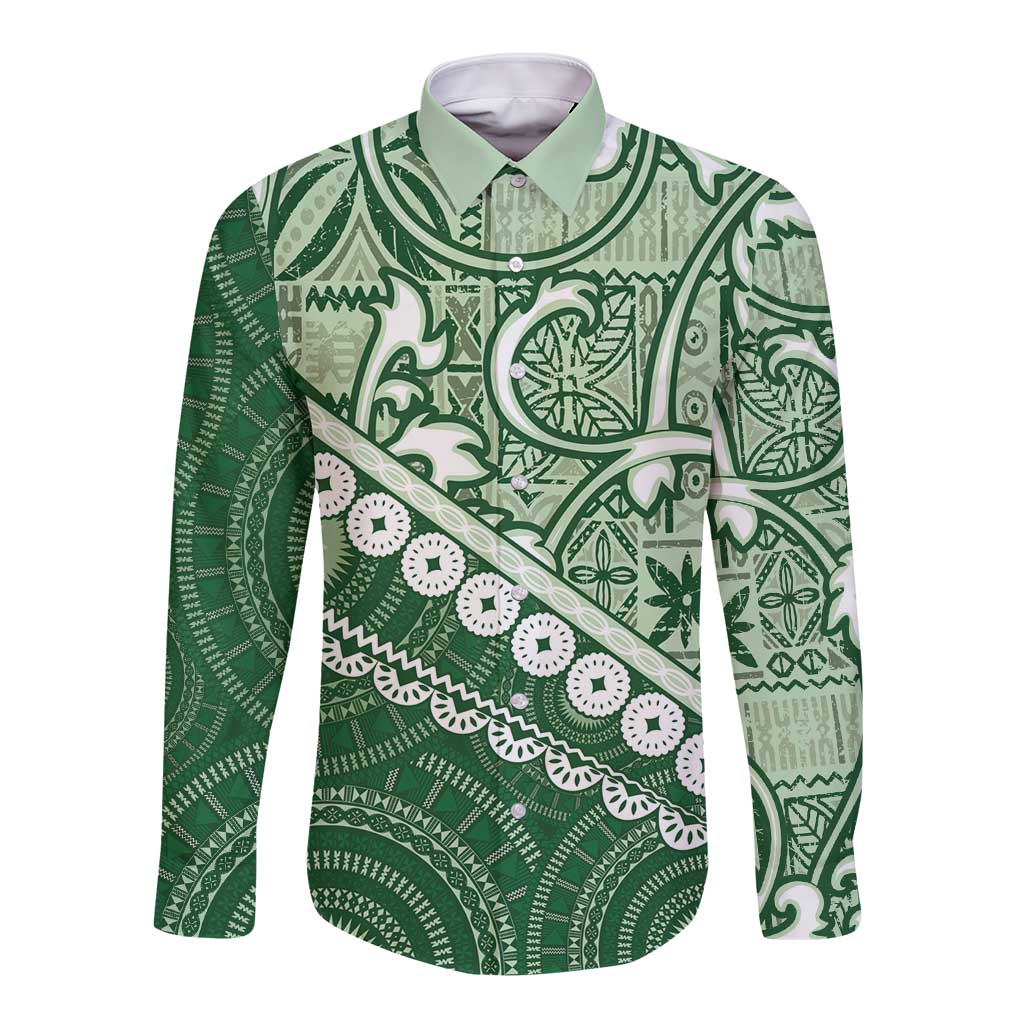 Green Bula Fiji Long Sleeve Button Shirt Fijian Language Week Tapa Cloth - Pastel LT14 Unisex Green - Polynesian Pride