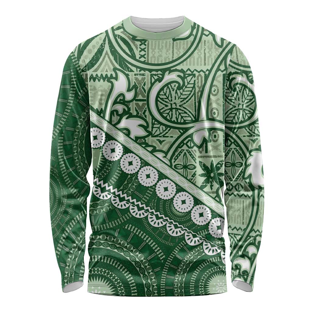 Green Bula Fiji Long Sleeve Shirt Fijian Language Week Tapa Cloth - Pastel LT14 Unisex Green - Polynesian Pride
