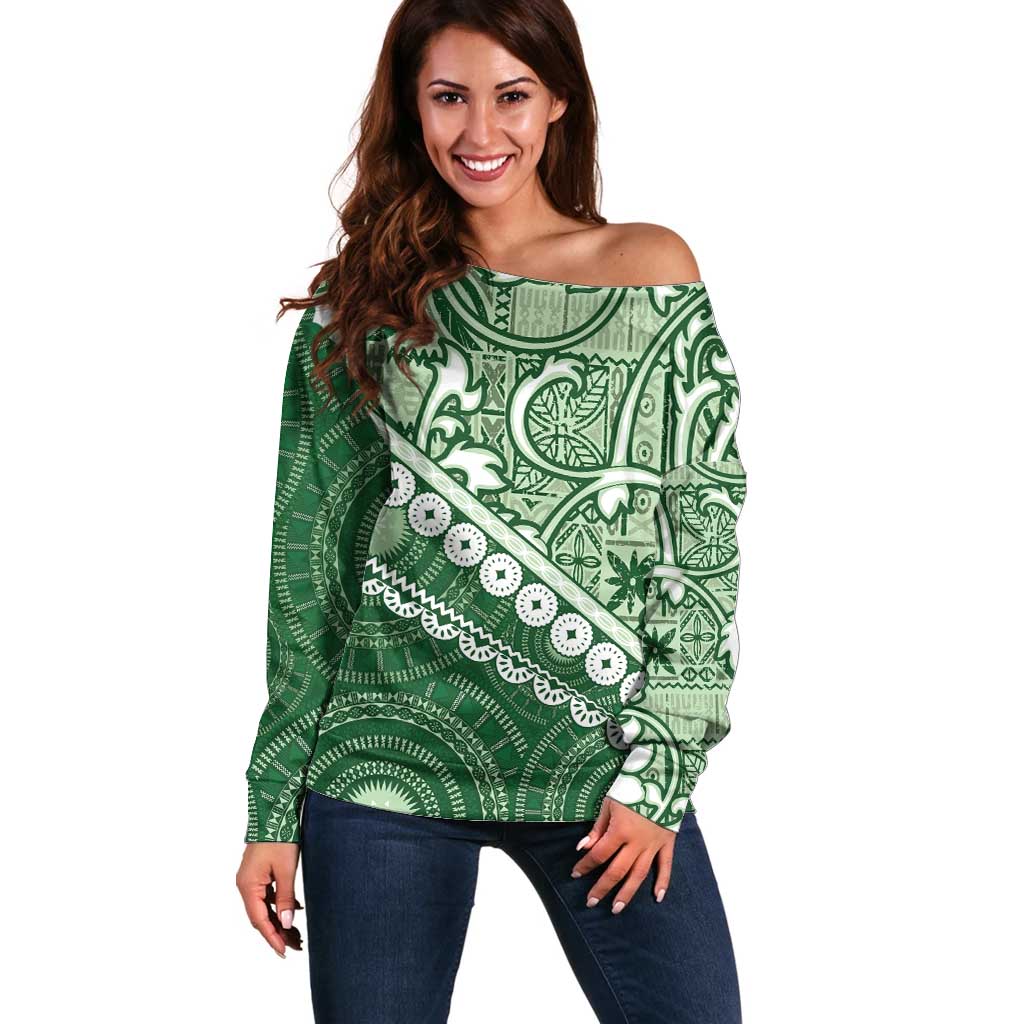 Green Bula Fiji Off Shoulder Sweater Fijian Language Week Tapa Cloth - Pastel LT14 Women Green - Polynesian Pride