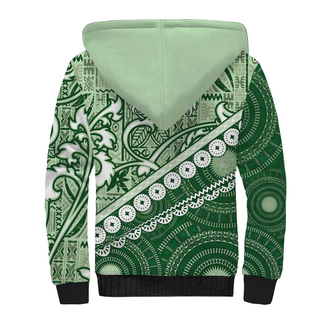 Green Bula Fiji Sherpa Hoodie Fijian Language Week Tapa Cloth - Pastel