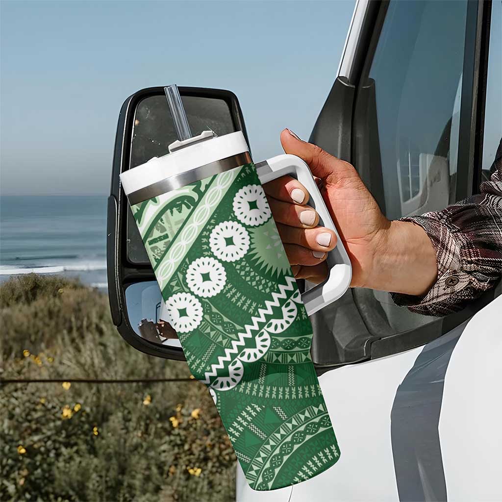 Green Bula Fiji Tumbler With Handle Fijian Language Week Tapa Cloth - Pastel