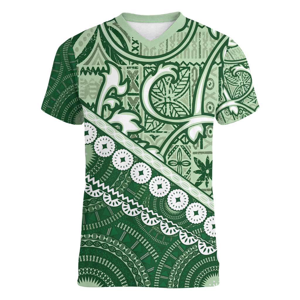 Green Bula Fiji Women V-Neck T-Shirt Fijian Language Week Tapa Cloth - Pastel LT14 Female Green - Polynesian Pride