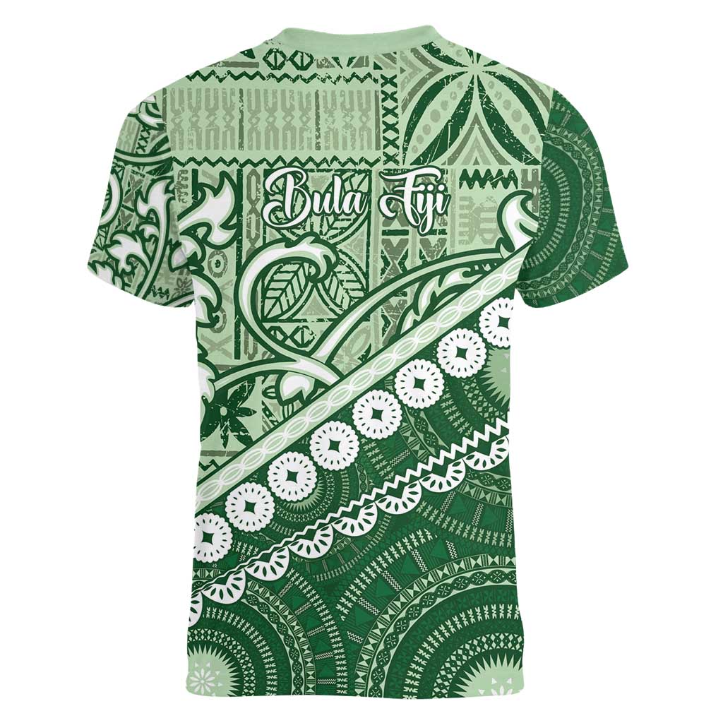 Green Bula Fiji Women V-Neck T-Shirt Fijian Language Week Tapa Cloth - Pastel
