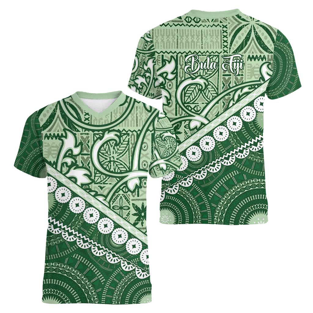 Green Bula Fiji Women V-Neck T-Shirt Fijian Language Week Tapa Cloth - Pastel
