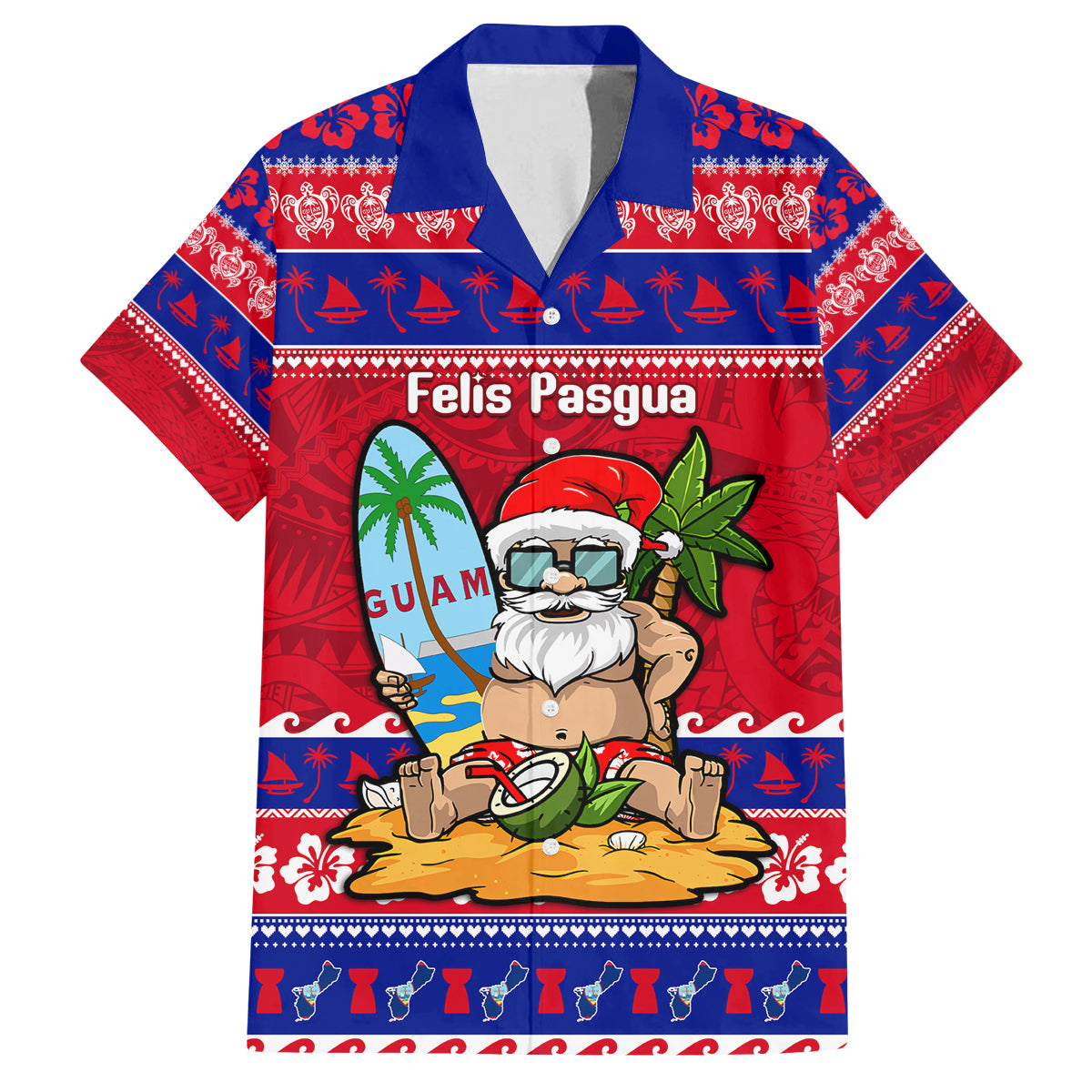 Custom Guam Christmas Family Matching Off Shoulder Long Sleeve Dress and Hawaiian Shirt Guaman Santas Felis Pasgua LT14 Dad's Shirt - Short Sleeve Blue - Polynesian Pride