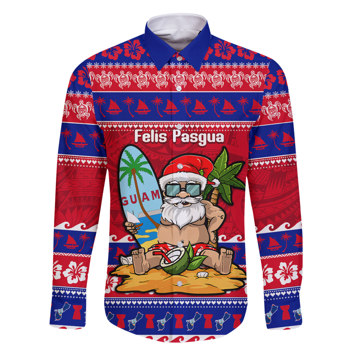 Custom Guam Christmas Family Matching Puletasi Dress and Hawaiian Shirt Guaman Santas Felis Pasgua LT14 Dad's Shirt - Long Sleeve Blue - Polynesian Pride