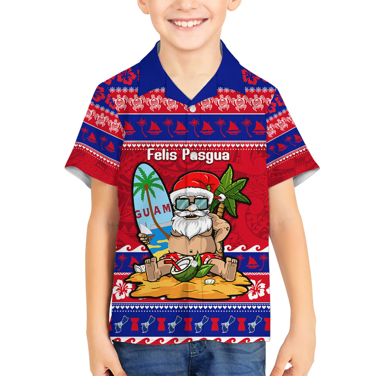Custom Guam Christmas Family Matching Puletasi Dress and Hawaiian Shirt Guaman Santas Felis Pasgua LT14 Son's Shirt Blue - Polynesian Pride
