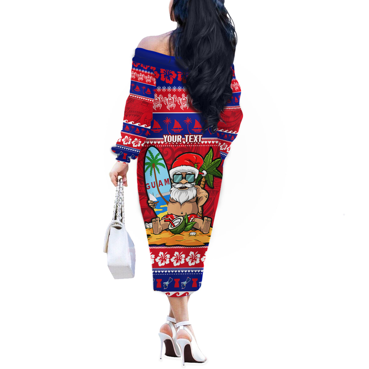 Custom Guam Christmas Off The Shoulder Long Sleeve Dress Guaman Santas Felis Pasgua LT14 - Polynesian Pride