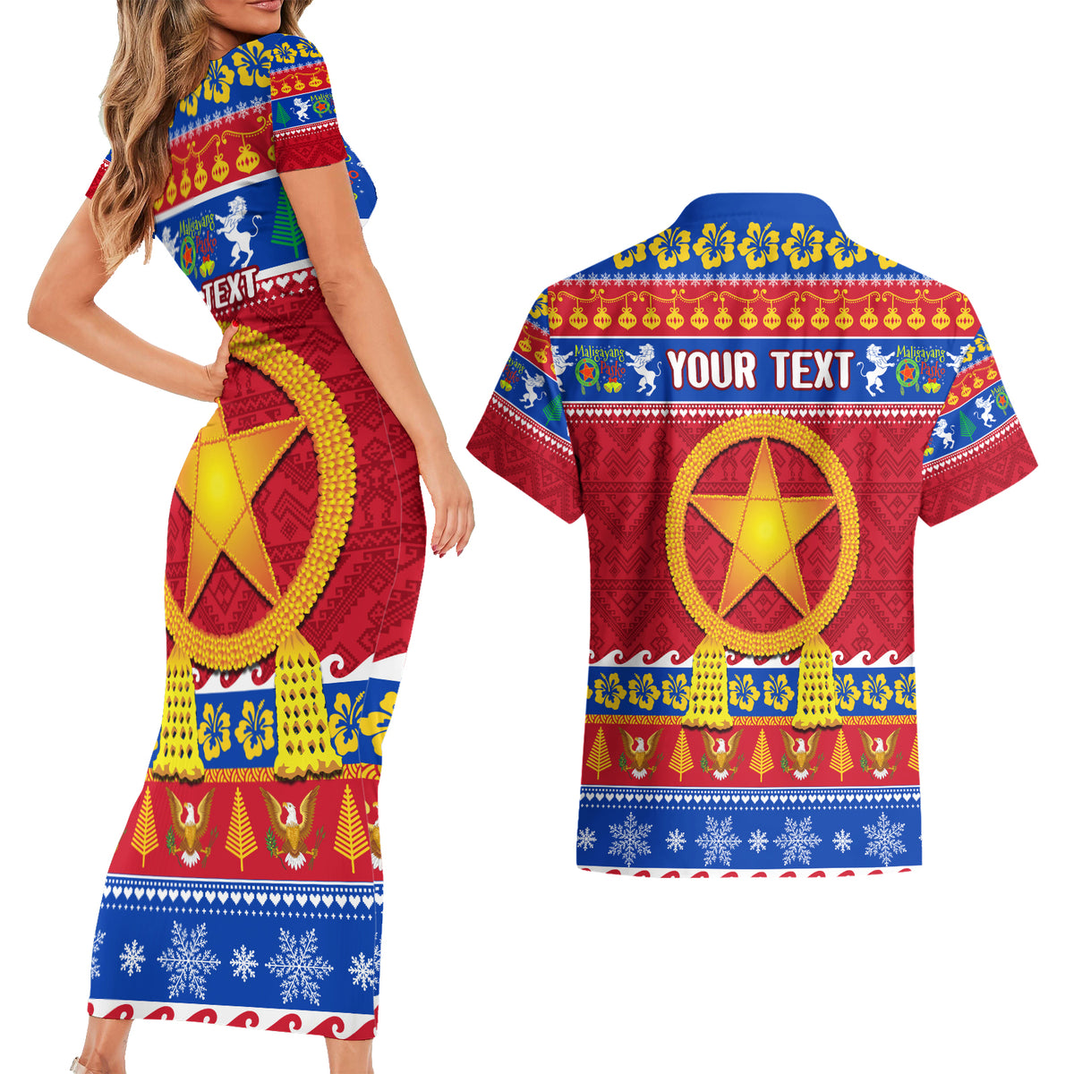 Custom Philippines Christmas Couples Matching Short Sleeve Bodycon Dress and Hawaiian Shirt Filipino Parol Maligayang Pasko LT14 - Polynesian Pride