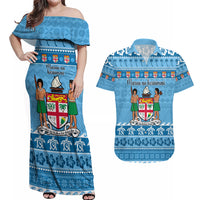 Custom Fiji Christmas Couples Matching Off Shoulder Maxi Dress and Hawaiian Shirt Fijian Tapa Marau na Kerisimasi LT14 Blue - Polynesian Pride