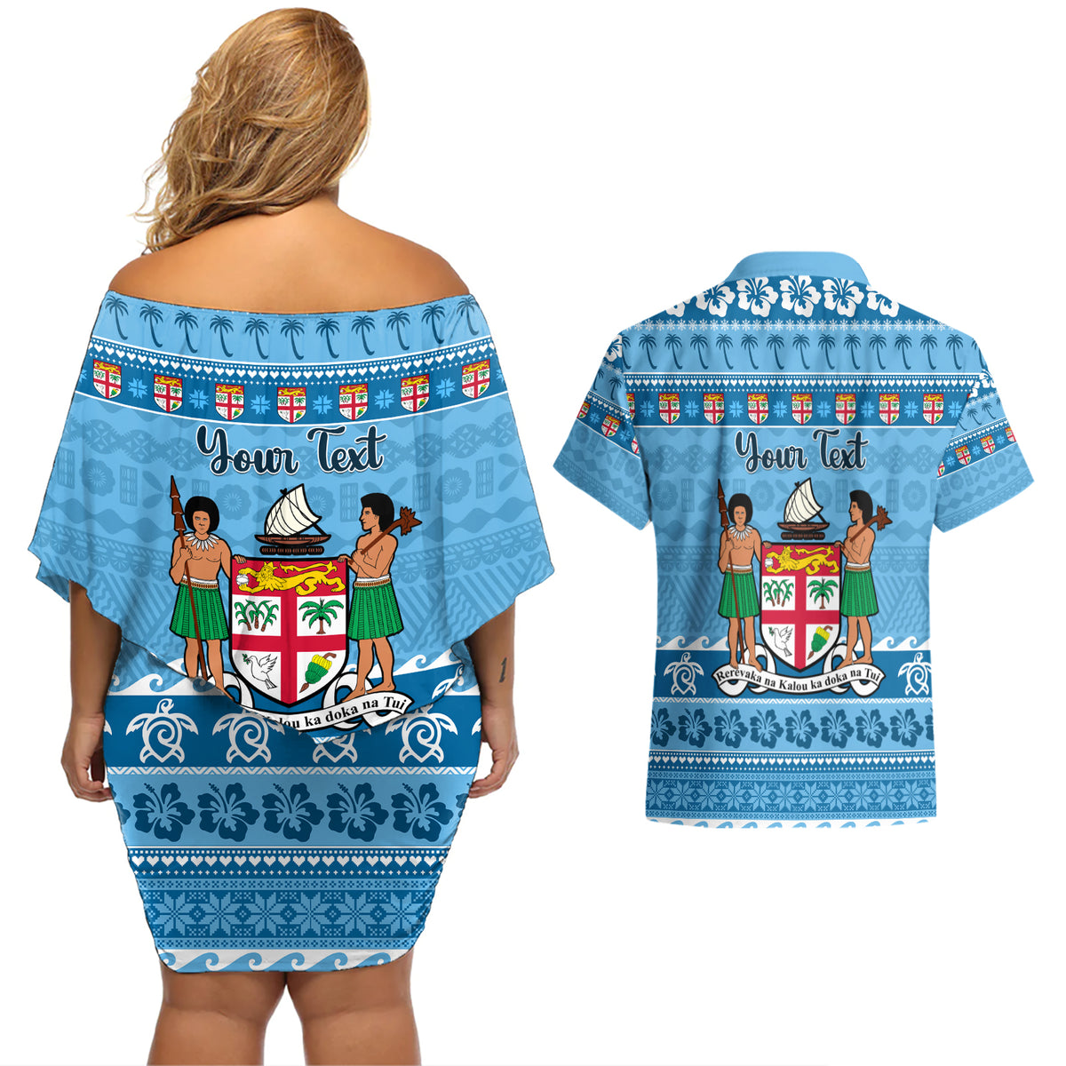 Custom Fiji Christmas Couples Matching Off Shoulder Short Dress and Hawaiian Shirt Fijian Tapa Marau na Kerisimasi LT14 - Polynesian Pride