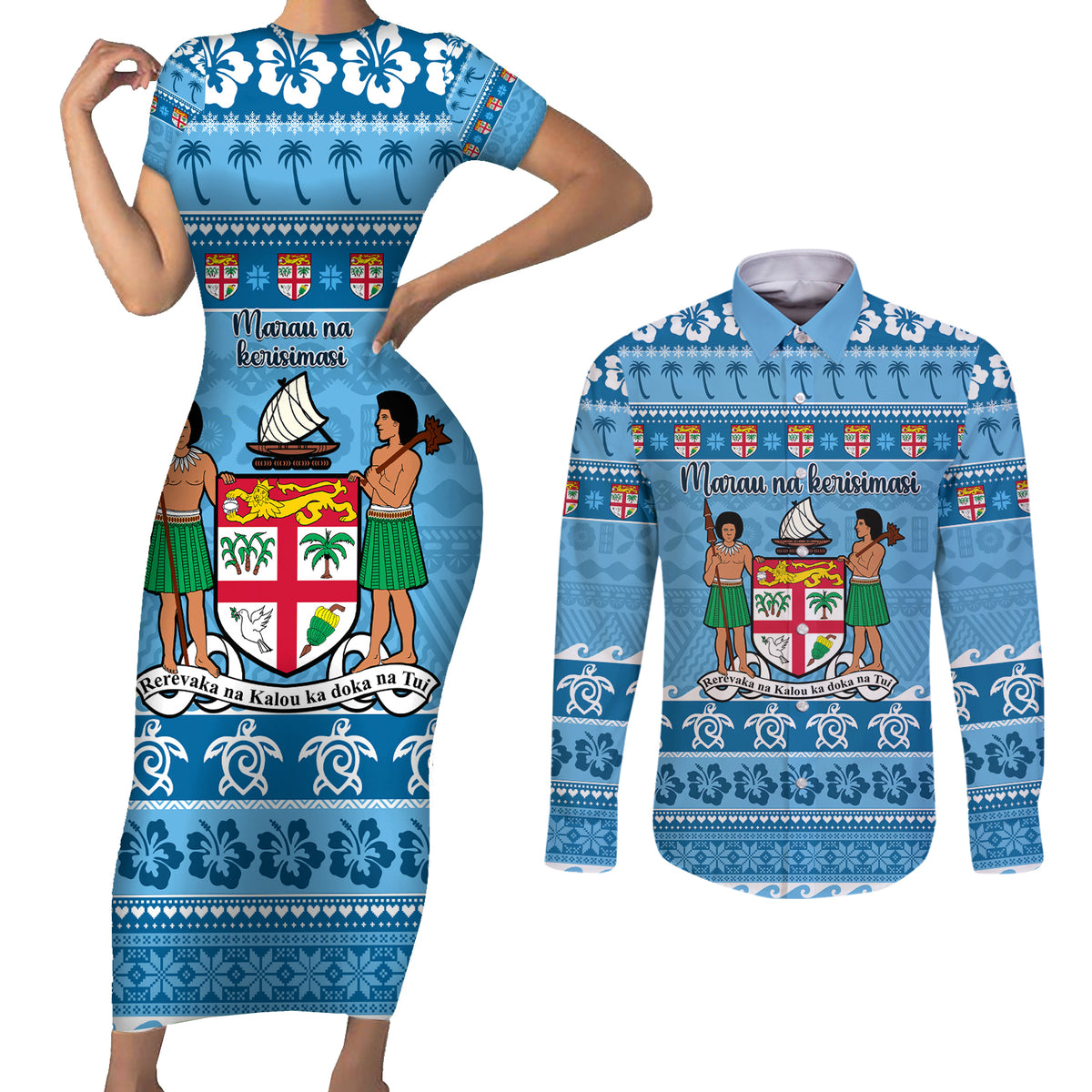 Custom Fiji Christmas Couples Matching Short Sleeve Bodycon Dress and Long Sleeve Button Shirt Fijian Tapa Marau na Kerisimasi LT14 Blue - Polynesian Pride