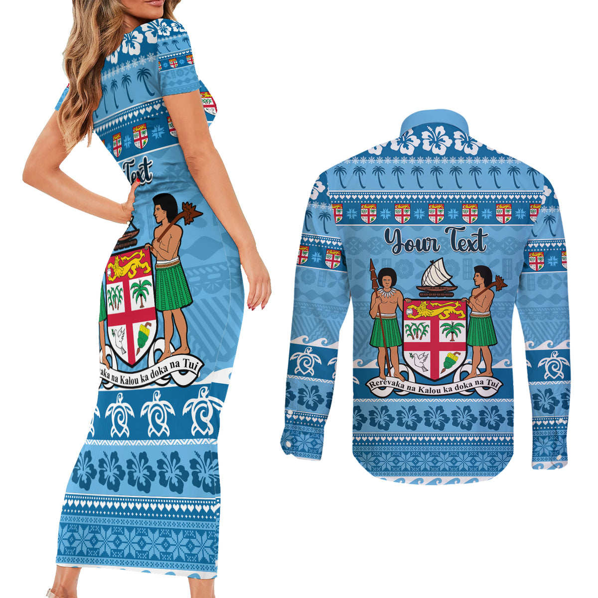 Custom Fiji Christmas Couples Matching Short Sleeve Bodycon Dress and Long Sleeve Button Shirt Fijian Tapa Marau na Kerisimasi LT14 - Polynesian Pride