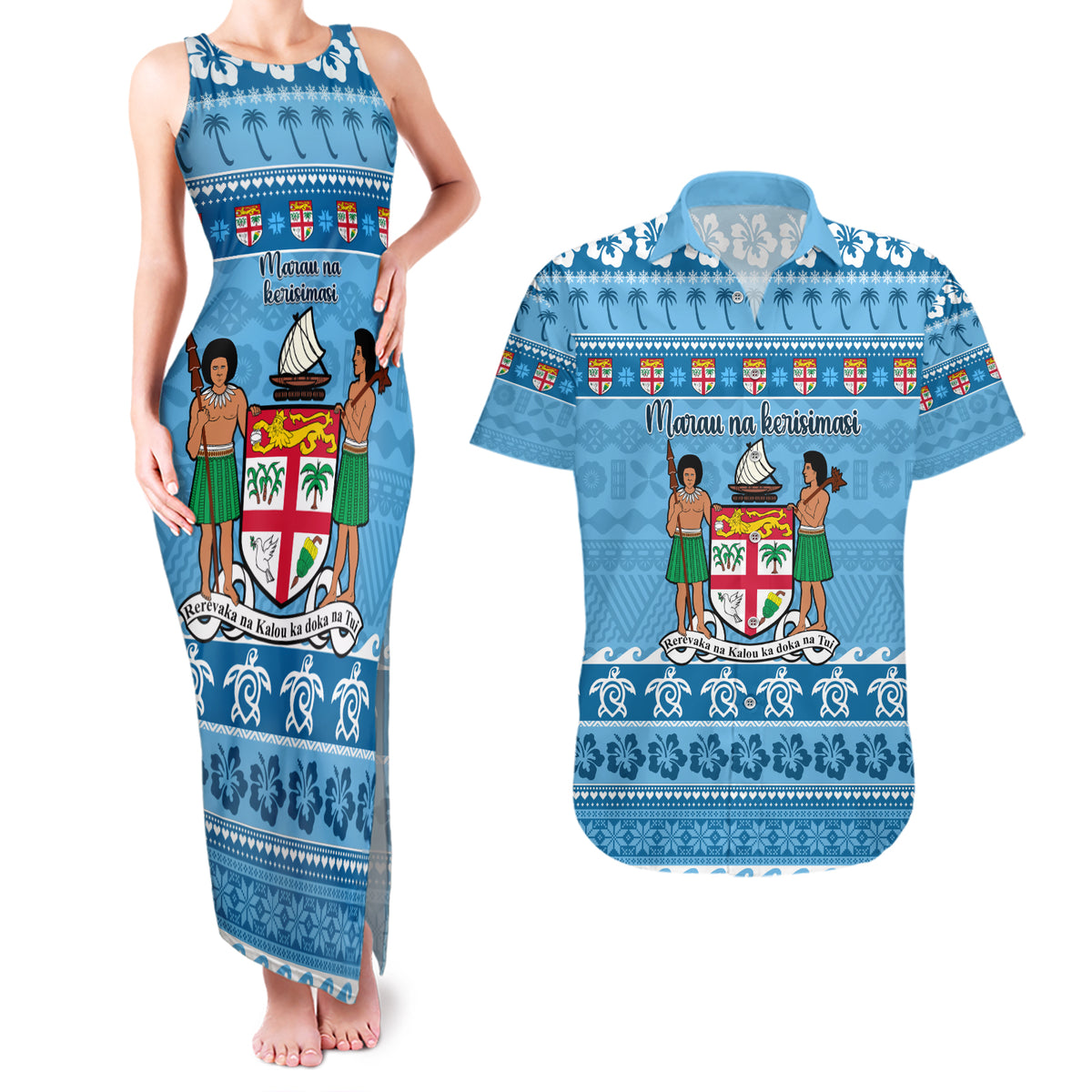 Custom Fiji Christmas Couples Matching Tank Maxi Dress and Hawaiian Shirt Fijian Tapa Marau na Kerisimasi LT14 Blue - Polynesian Pride