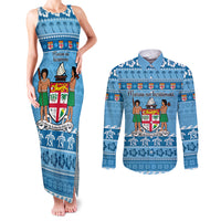 Custom Fiji Christmas Couples Matching Tank Maxi Dress and Long Sleeve Button Shirt Fijian Tapa Marau na Kerisimasi LT14 Blue - Polynesian Pride