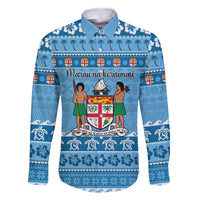 Custom Fiji Christmas Family Matching Long Sleeve Bodycon Dress and Hawaiian Shirt Fijian Tapa Marau na Kerisimasi LT14 Dad's Shirt - Long Sleeve Blue - Polynesian Pride