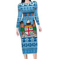 Custom Fiji Christmas Family Matching Long Sleeve Bodycon Dress and Hawaiian Shirt Fijian Tapa Marau na Kerisimasi LT14 Mom's Dress Blue - Polynesian Pride