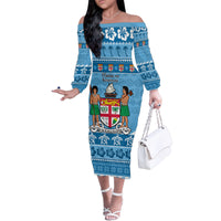Custom Fiji Christmas Family Matching Off Shoulder Long Sleeve Dress and Hawaiian Shirt Fijian Tapa Marau na Kerisimasi LT14 Mom's Dress Blue - Polynesian Pride