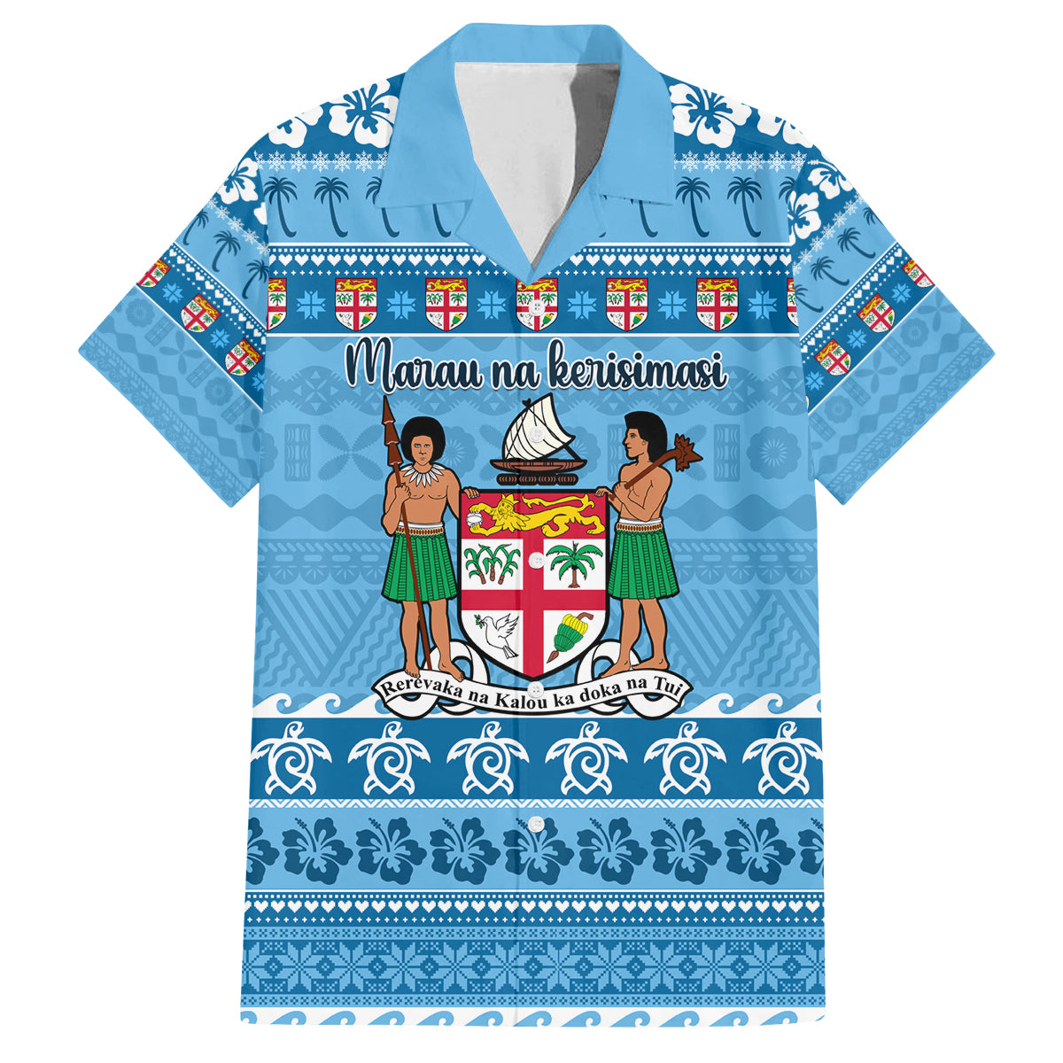 Custom Fiji Christmas Family Matching Puletasi Dress and Hawaiian Shirt Fijian Tapa Marau na Kerisimasi LT14 Dad's Shirt - Short Sleeve Blue - Polynesian Pride