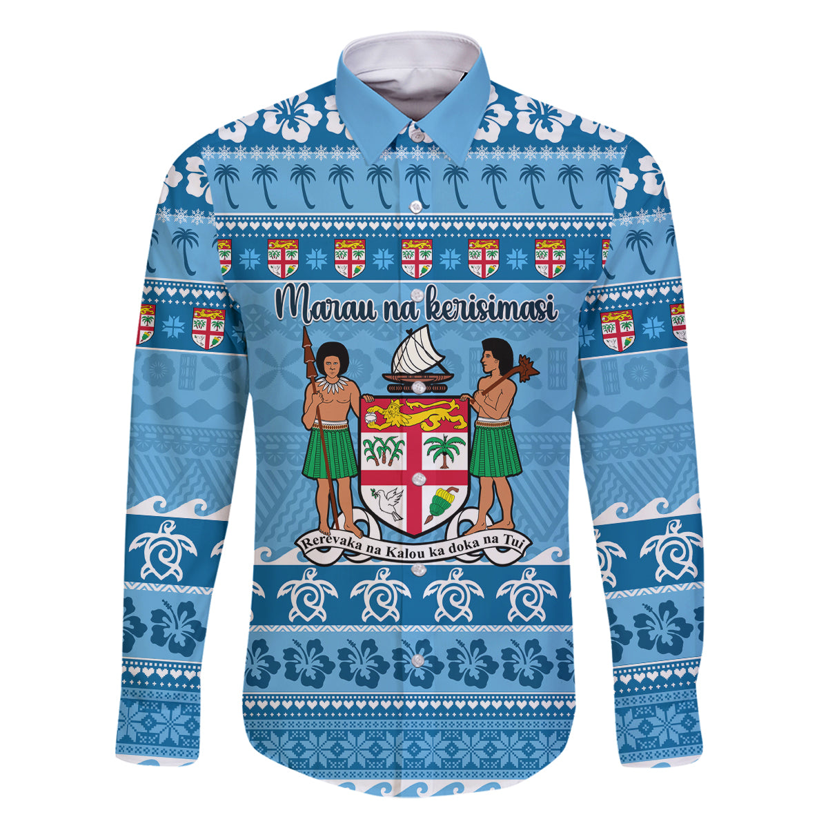 Custom Fiji Christmas Family Matching Tank Maxi Dress and Hawaiian Shirt Fijian Tapa Marau na Kerisimasi LT14 Dad's Shirt - Long Sleeve Blue - Polynesian Pride