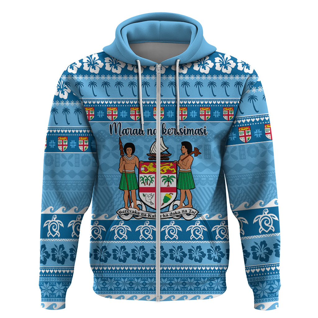 Custom Fiji Christmas Hoodie Fijian Tapa Marau na Kerisimasi LT14 Zip Hoodie Blue - Polynesian Pride