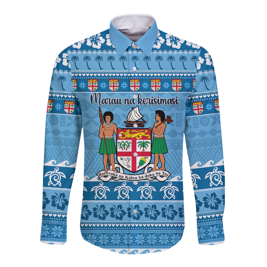 Custom Fiji Christmas Long Sleeve Button Shirt Fijian Tapa Marau na Kerisimasi LT14 Unisex Blue - Polynesian Pride