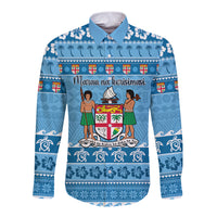 Custom Fiji Christmas Long Sleeve Button Shirt Fijian Tapa Marau na Kerisimasi LT14 Unisex Blue - Polynesian Pride