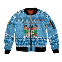 Custom Fiji Christmas Sleeve Zip Bomber Jacket Fijian Tapa Marau na Kerisimasi LT14 Unisex Blue - Polynesian Pride