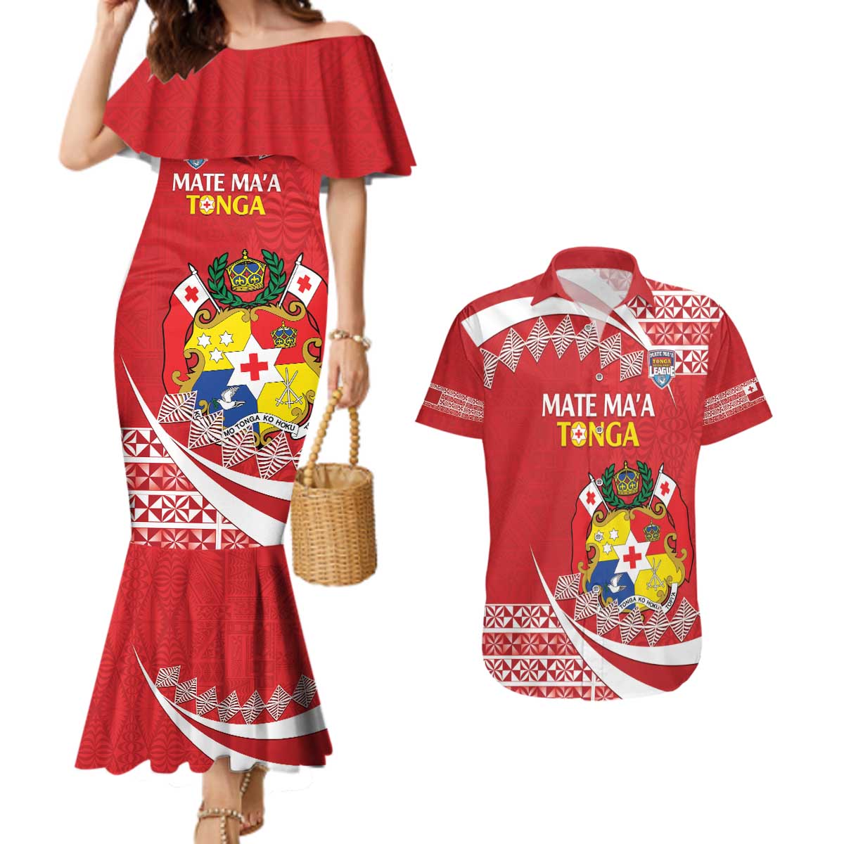 Custom Mate Maa Tonga Couples Matching Mermaid Dress and Hawaiian Shirt 2024 Go Champions LT14 Red - Polynesian Pride