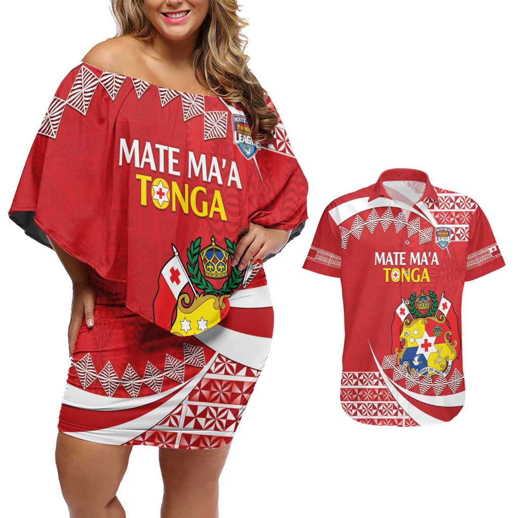 Custom Mate Maa Tonga Couples Matching Off Shoulder Short Dress and Hawaiian Shirt 2024 Go Champions LT14 Red - Polynesian Pride