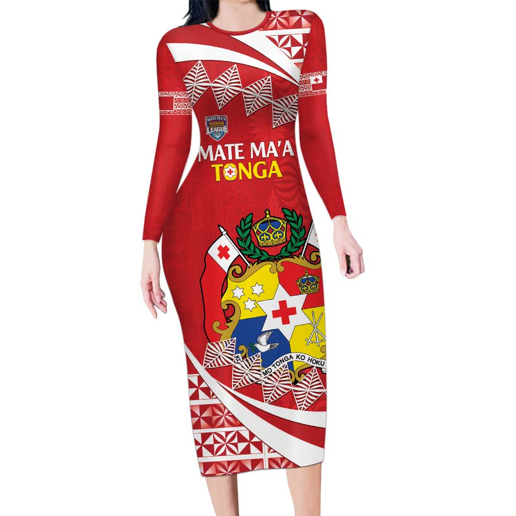 Custom Mate Maa Tonga Long Sleeve Bodycon Dress 2024 Go Champions LT14 Long Dress Red - Polynesian Pride