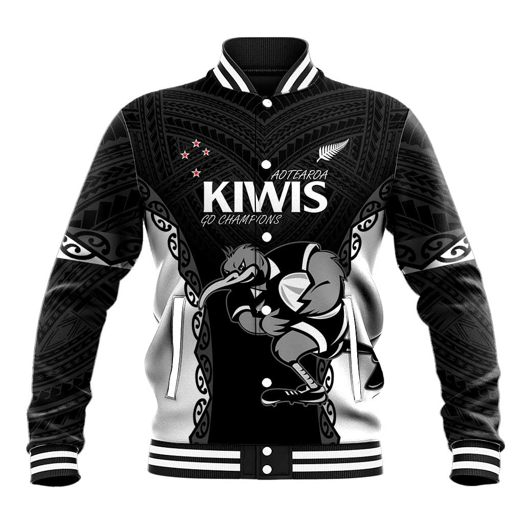Aotearoa Rugby Custom Baseball Jacket Maori Kiwi - Mascot Style LT14 Unisex Black - Polynesian Pride