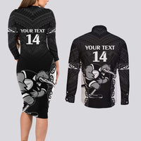 Aotearoa Rugby Custom Couples Matching Long Sleeve Bodycon Dress and Long Sleeve Button Shirt Maori Kiwi - Mascot Style