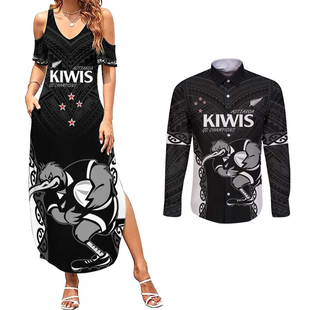 Aotearoa Rugby Custom Couples Matching Summer Maxi Dress and Long Sleeve Button Shirt Maori Kiwi - Mascot Style