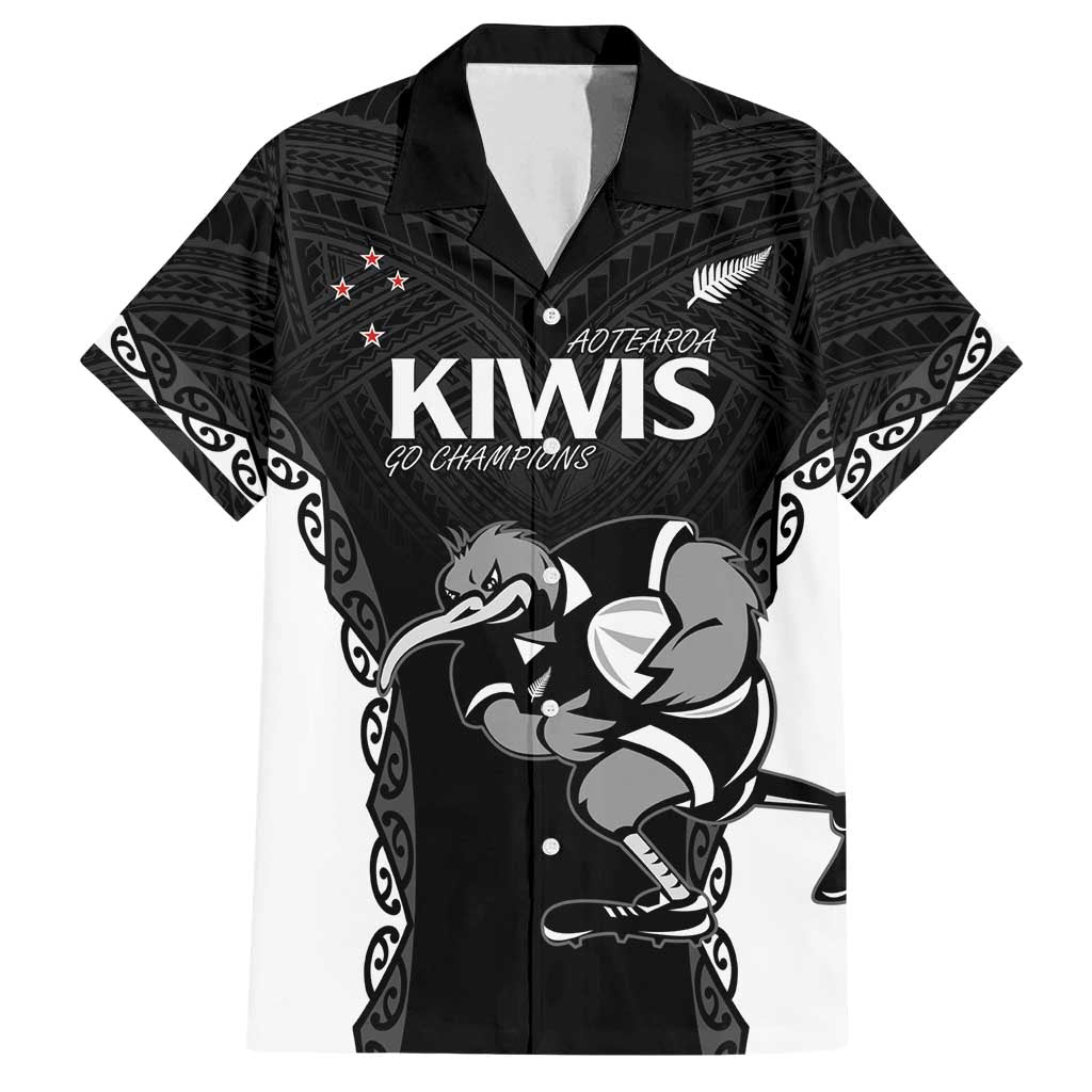 Aotearoa Rugby Custom Family Matching Long Sleeve Bodycon Dress and Hawaiian Shirt Maori Kiwi - Mascot Style LT14 Dad's Shirt - Short Sleeve Black - Polynesian Pride