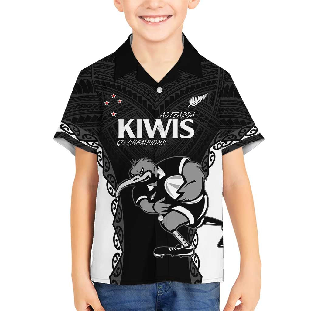 Aotearoa Rugby Custom Family Matching Off Shoulder Maxi Dress and Hawaiian Shirt Maori Kiwi - Mascot Style LT14 Son's Shirt Black - Polynesian Pride