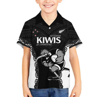 Aotearoa Rugby Custom Family Matching Off Shoulder Maxi Dress and Hawaiian Shirt Maori Kiwi - Mascot Style LT14 Son's Shirt Black - Polynesian Pride