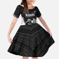 Aotearoa Rugby Custom Family Matching Summer Maxi Dress and Hawaiian Shirt Maori Kiwi - Mascot Style LT14 Daughter's Dress Black - Polynesian Pride