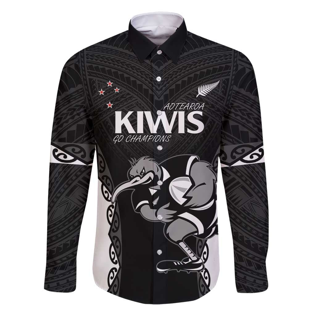 Aotearoa Rugby Custom Family Matching Tank Maxi Dress and Hawaiian Shirt Maori Kiwi - Mascot Style LT14 Dad's Shirt - Long Sleeve Black - Polynesian Pride
