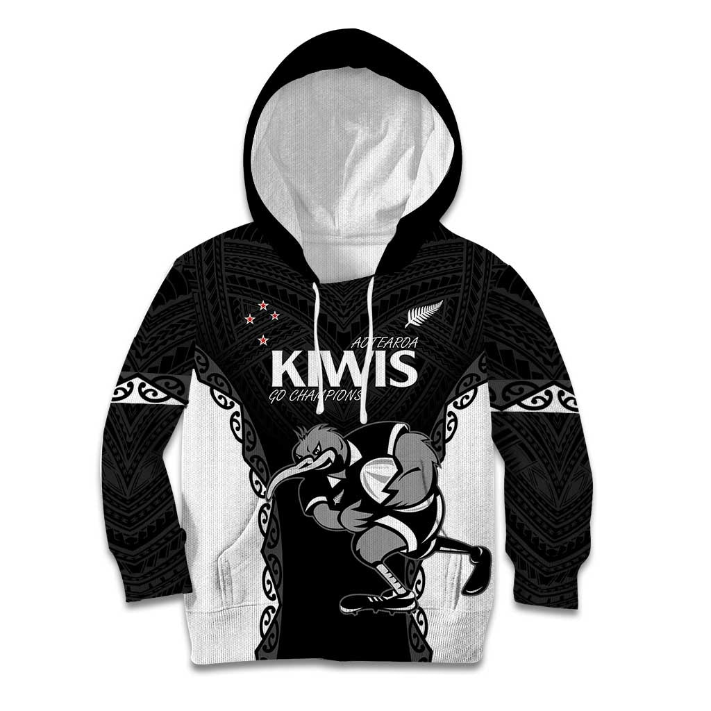 Aotearoa Rugby Custom Kid Hoodie Maori Kiwi - Mascot Style LT14 Hoodie Black - Polynesian Pride