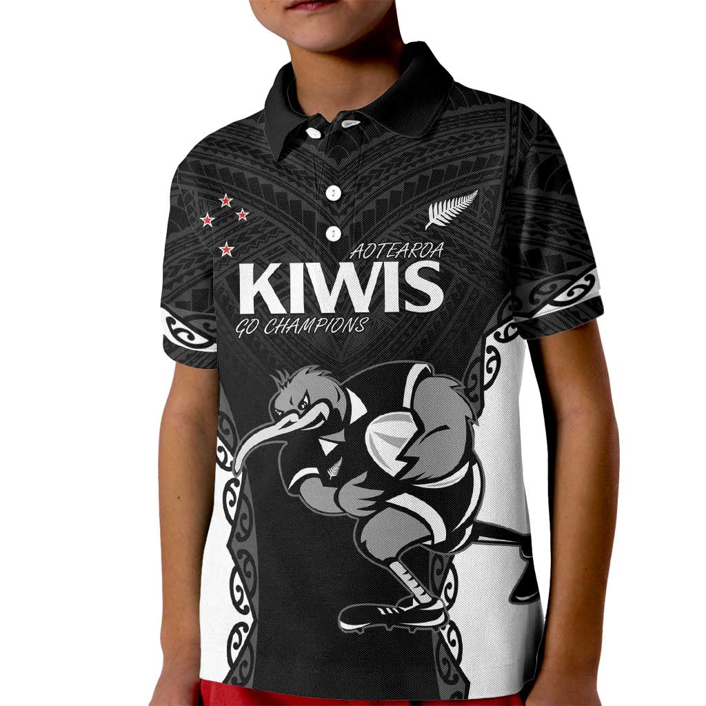 Aotearoa Rugby Custom Kid Polo Shirt Maori Kiwi - Mascot Style LT14 Kid Black - Polynesian Pride