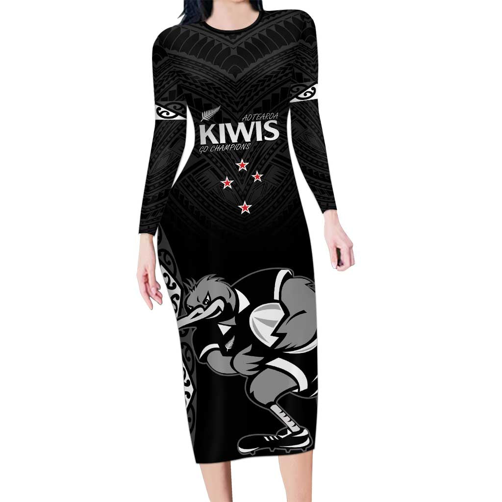 Aotearoa Rugby Custom Long Sleeve Bodycon Dress Maori Kiwi - Mascot Style LT14 Long Dress Black - Polynesian Pride