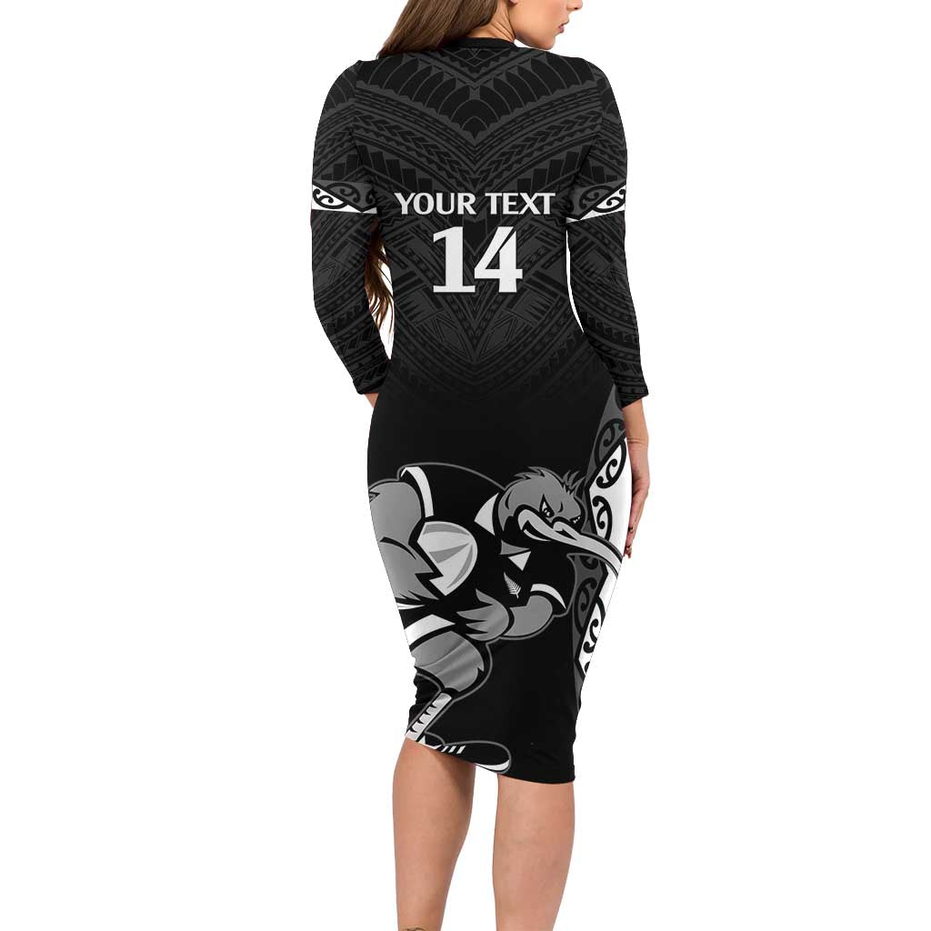 Aotearoa Rugby Custom Long Sleeve Bodycon Dress Maori Kiwi - Mascot Style LT14 - Polynesian Pride