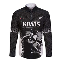 Aotearoa Rugby Custom Long Sleeve Button Shirt Maori Kiwi - Mascot Style LT14 Unisex Black - Polynesian Pride