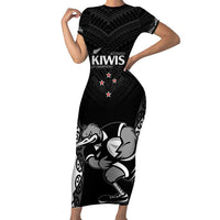 Aotearoa Rugby Custom Short Sleeve Bodycon Dress Maori Kiwi - Mascot Style LT14 Long Dress Black - Polynesian Pride